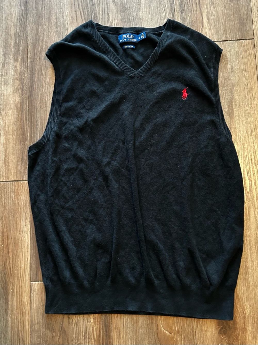 Polo Ralph Lauren Men Sweater Vest L Black 100% Pima Cotton V-Neck Red Pony